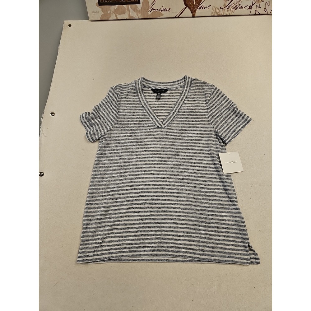 Ellen Tracy Top Womens Med Blue White Stripe Short Sleeve V Neck Linen New